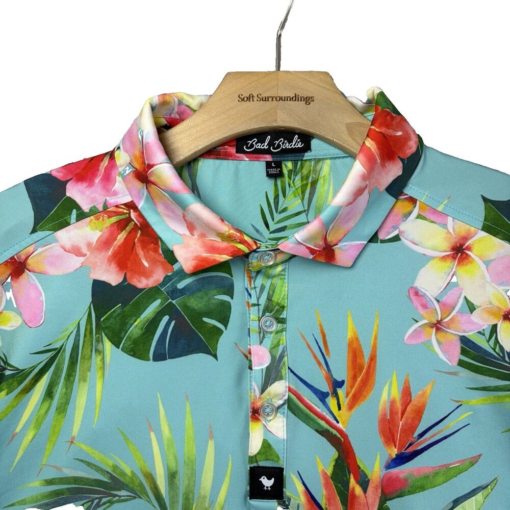 Bad Birdie Polo Shirt Mens Large Floral Short Sleeve Golf Summer Hawaiian Preppy